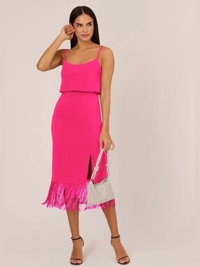 ADRIANNA BY ADRIANNA PAPELL Fringe Trim Fushia Crepe Popover Midi Dress SZ 4 NWT